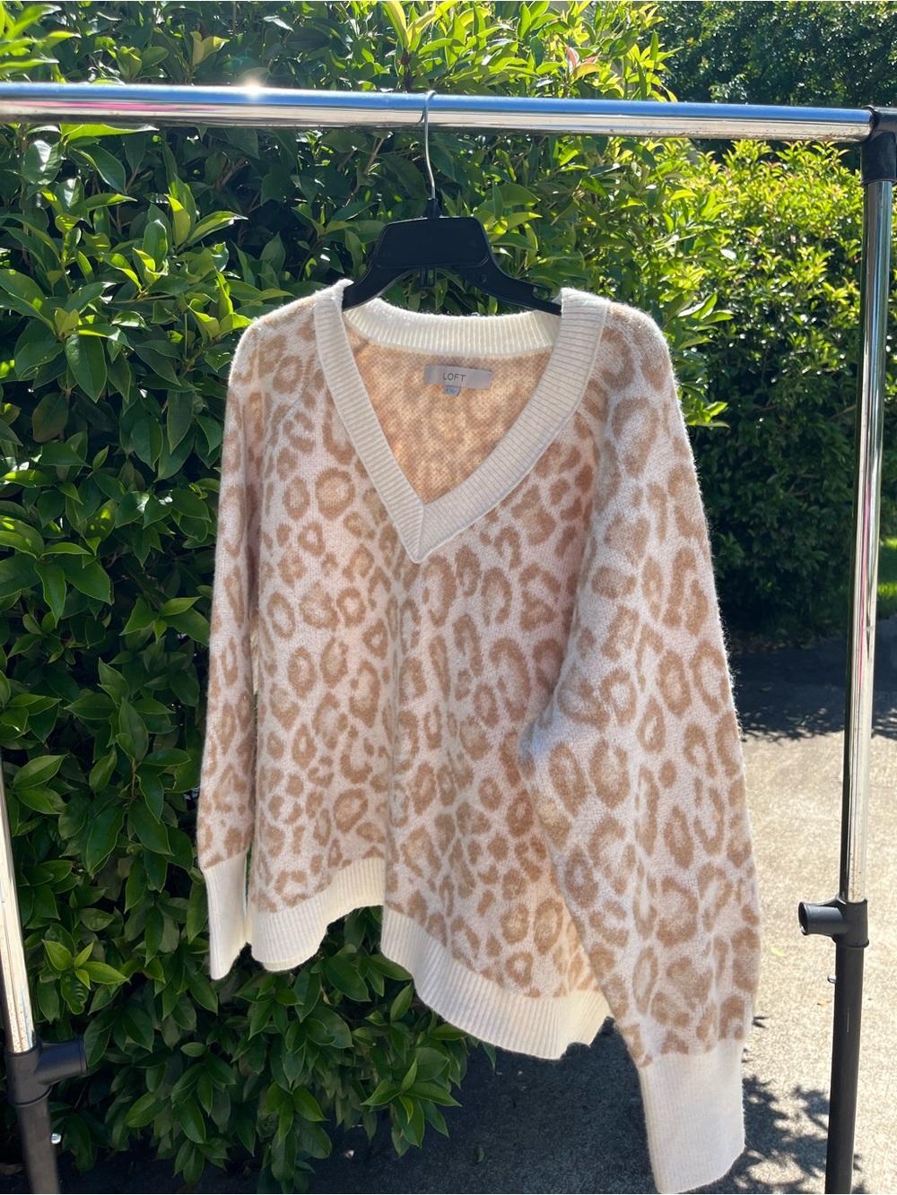 LOFT Beige and Cream Leopard V-Neck Sweater